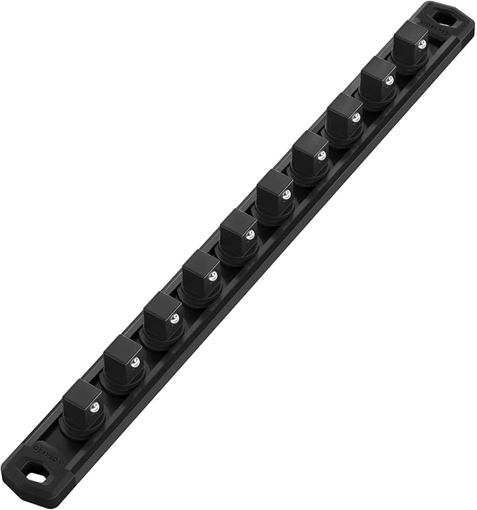 WORKPRO Magnetic Socket Organizer, Heavy Duty 1/2-Inch Drive Socket Rail | 1 Piece Socket Holder with 10 Spots, Aluminum Alloy, Rotatable & Movable Clips, Efficient Organization