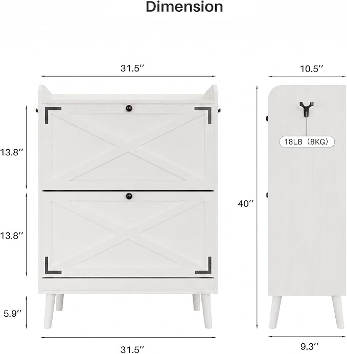 YZ HOME Shoe Storage Cabinet with 2 Flip Drawers | Entryway Shoe Cabinet, Metal Hooks & Adjustable Shelves, Freestanding Narrow Shoe Rack for Hallway Foyer, White
