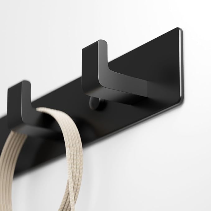 Black Coat Rack Wall Mount - 12.5" Rail with 4 Right-Angle Hooks(1 Pack) | Drill-Mounted Organizer for Coats, Hats, Bags in Entryway, Bathroom, Bedroom