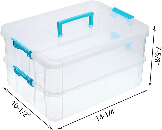 JUXYES 2-Tiers Plastic Stack Carry Storage Containers Box wih Handle Lids | Clear Stackable Latching Craft Storage Bin for School Office, Organizing Stationery, Sewing, Art Craft, DIY Supplies, Blue