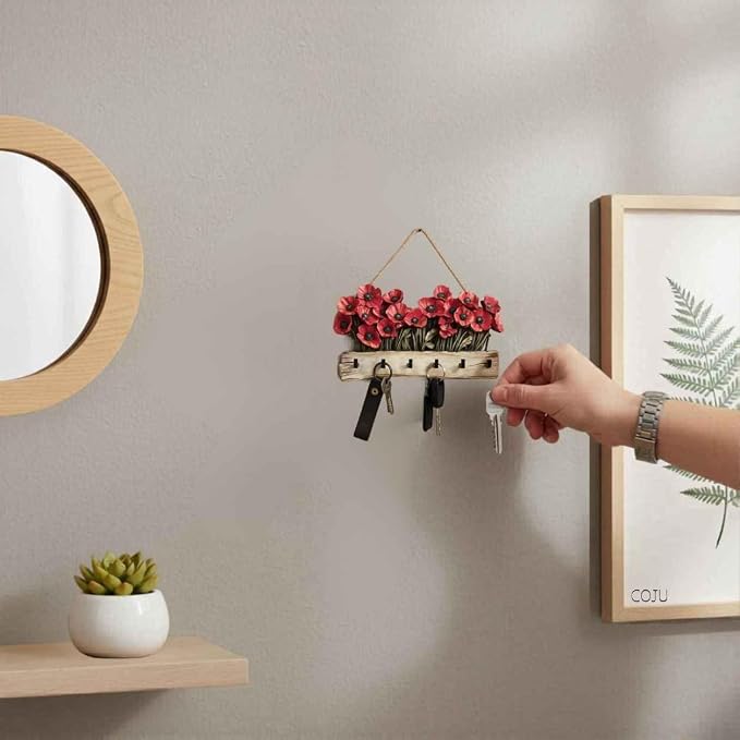 Oak & Hearth Wooden Key Holder for Wall – Rustic Poppy Flower Key Rack with 6 Hooks – Farmhouse Entryway Organizer & Wall Decor