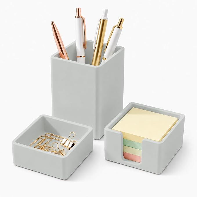 minimaliving Aesthetic Silicone Desk Organizer Set of 3,Modern Office Desk Accessories with Pen Holder,Paperclip Tray,Sticky Note Holder,Stylish Functional Office Desk Decor for Back-to-school(Grey)