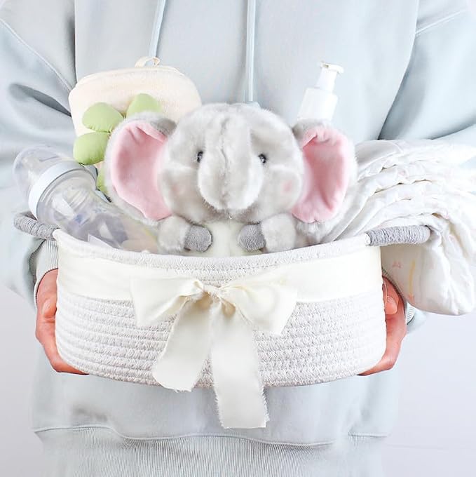 Yimi's Dream White Cotton Rope Gift Basket with Gray Handle, 12 x 8 x 5 in | Oval Woven Small Basket for Gifting, Baby Shower, Nursery, Cat or Dog Toys, Shelves, Birthdays, and Shelves Home Décor