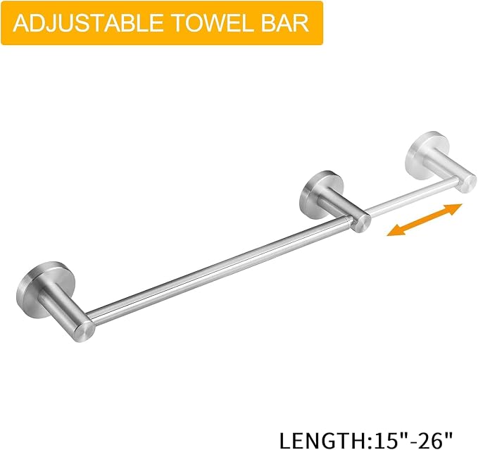 BESy Adjust Towel Bar Towel Racks for Bathroom Wall Mounted Brushed Nickel | Adjust 15" to 26" Rustproof, Stainless Steel Towel Holder, Wall Mounted for Bathroom Accessories, Heavy Duty, Space Saving
