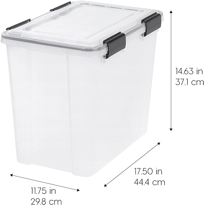 IRIS USA 4-Pack 32 Qt Storage Bins with Gasket Lids, Clear/Black | WeatherPro seal protects everyday essentials in closets, offices and laundry rooms