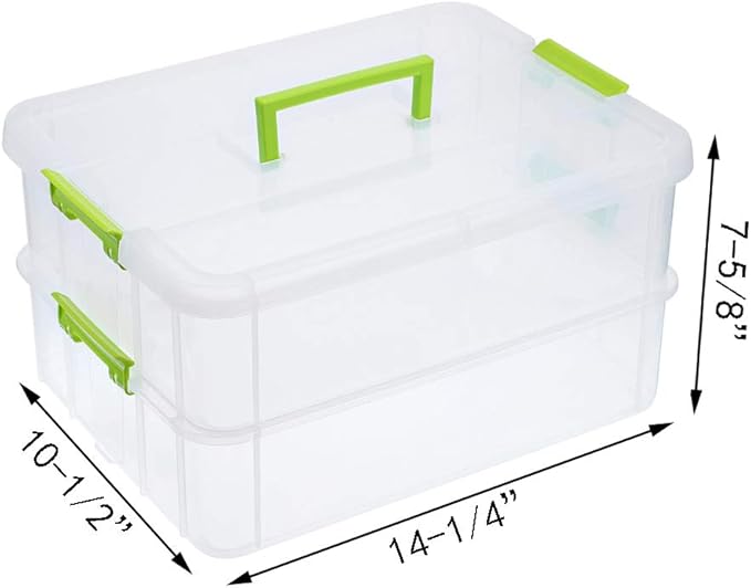 JUXYES 2-Tiers Plastic Stack Carry Storage Containers Box wih Handle Lids | Clear Stackable Latching Craft Storage Bin for School Office, Organizing Stationery, Sewing, Art Craft, DIY Supplies, Green