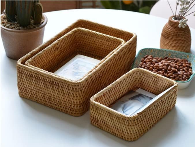 Yangqihome Natural Rattan Storage Baskets, Rectangular Woven Fruit Baskets, Decorative Wicker Basket and Small Baskets for Organizing (Set of 3)