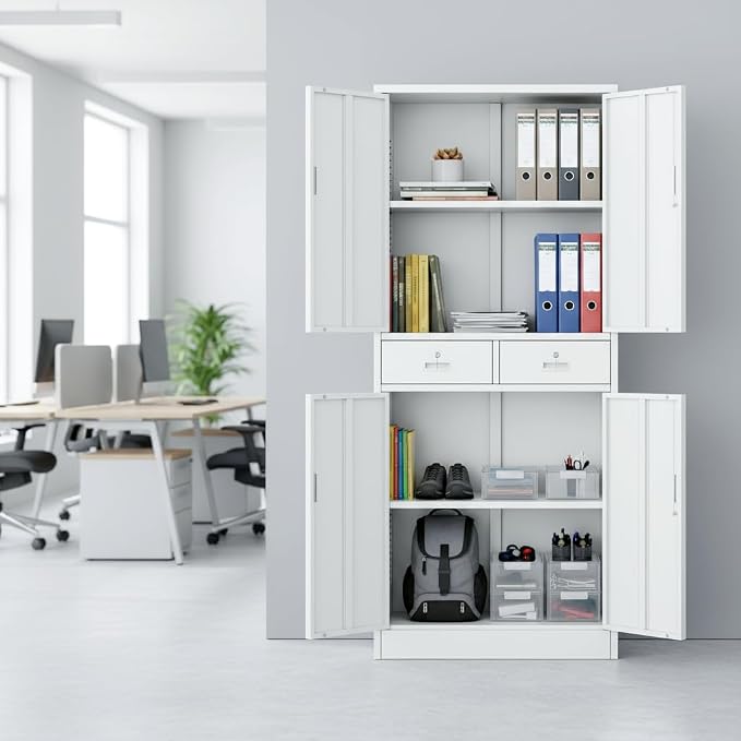 CJF Metal Storage Cabinet with Adjustable Shelves and Drawers, 71" H Locking Pantry Storage Cabinet for Office, Garage, Home, School, Utility (White)