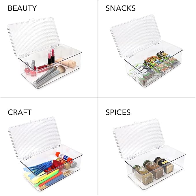 Isaac Jacobs Medium Stackable Organizer Bin (10.75”x6.5”x3.7”) | With Hinged Lid, Clear Storage Box Home Office School Fridge Bathroom Kitchen Pantry Container BPAFree Food Safe