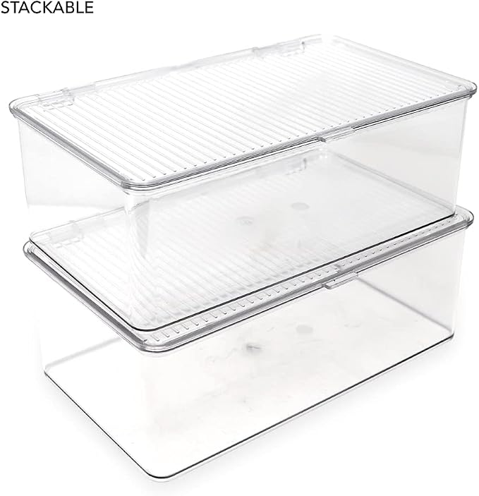 Isaac Jacobs Medium Stackable Organizer Bin (10.75”x6.5”x3.7”) | With Hinged Lid, Clear Storage Box Home Office School Fridge Bathroom Kitchen Pantry Container BPAFree Food Safe