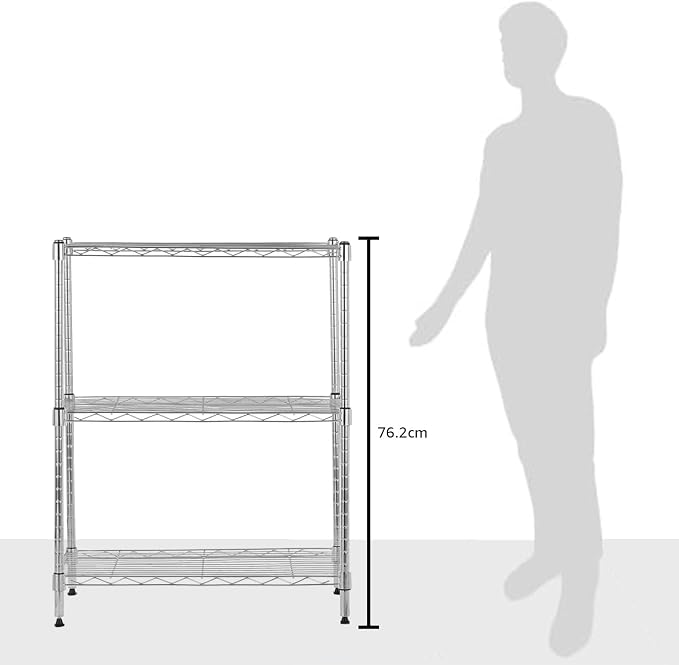 Amazon Basics 3-Shelf Adjustable Heavy Duty Steel Wire Shelving Rack with Chrome Finish, No-Tool Assembly, 250 lbs per Shelf, 23.2" L x 13.4" W x 30" H