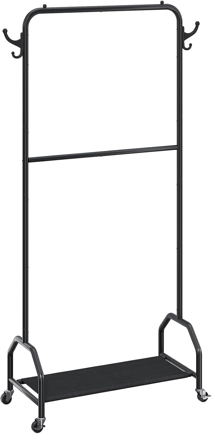 EVLIQUIL Double Hanging Garment Rack with Wheels, Hooks and Shelf, Black | Double Hanging Design and Smooth-Rolling Wheels with Open shelf offers additional storage for shoes, boxes or baskets.