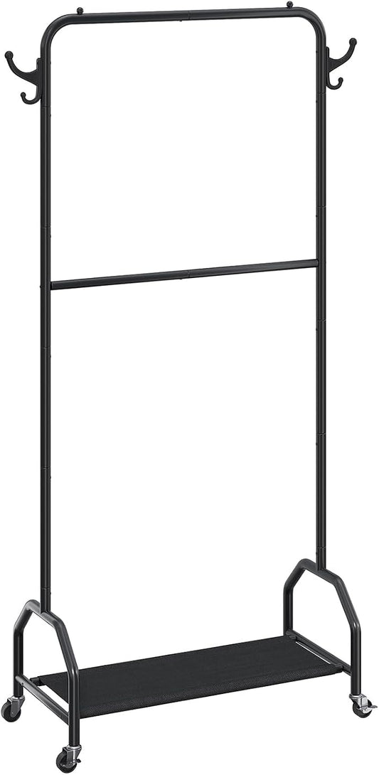 EVLIQUIL Double Hanging Garment Rack with Wheels, Hooks and Shelf, Black | Double Hanging Design and Smooth-Rolling Wheels with Open shelf offers additional storage for shoes, boxes or baskets.