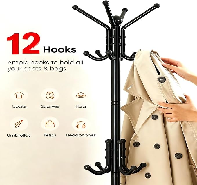12 Hooks Freestanding Coat Rack Stand, Heavy Duty Metal Coat Tree with Stable Base, 67.7" Tall Black Coat Hanger for Entryway Hallway Bedroom Office, Holds Coats Hats Bags Without Wobbling