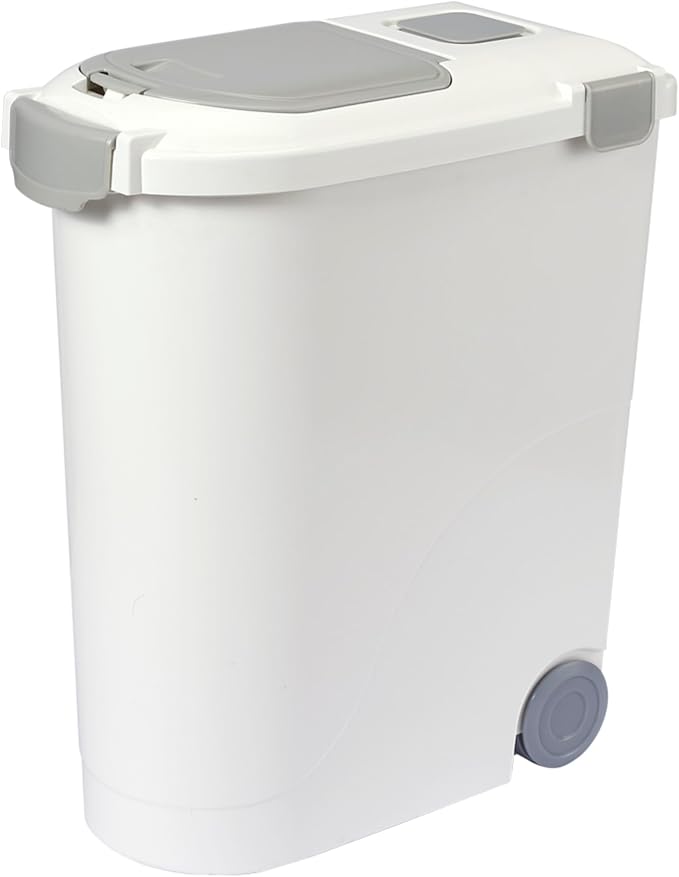 Ashfield & Harkness Airtight Pet Food Storage Container, Holds 30 Lbs | BPA-free HDPE, silicone airtight seal, scoop included, slim white/grey design, 17.5"x9.5"x20", for dog, cat & bird food