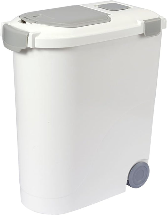 Ashfield & Harkness Airtight Pet Food Storage Container, Holds 30 Lbs | BPA-free HDPE, silicone airtight seal, scoop included, slim white/grey design, 17.5"x9.5"x20", for dog, cat & bird food