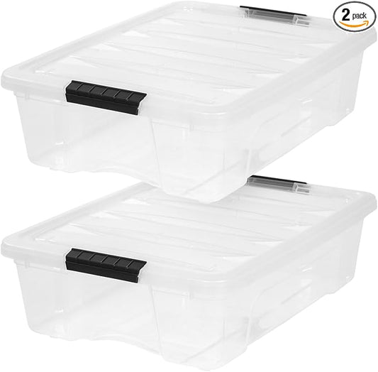 IRIS USA 2-Pack 27 Quart Storage Bins with Lids, Clear | Transparent design makes contents easy to find. Great for linens, décor, closet storage, and supplies. Nestable design saves