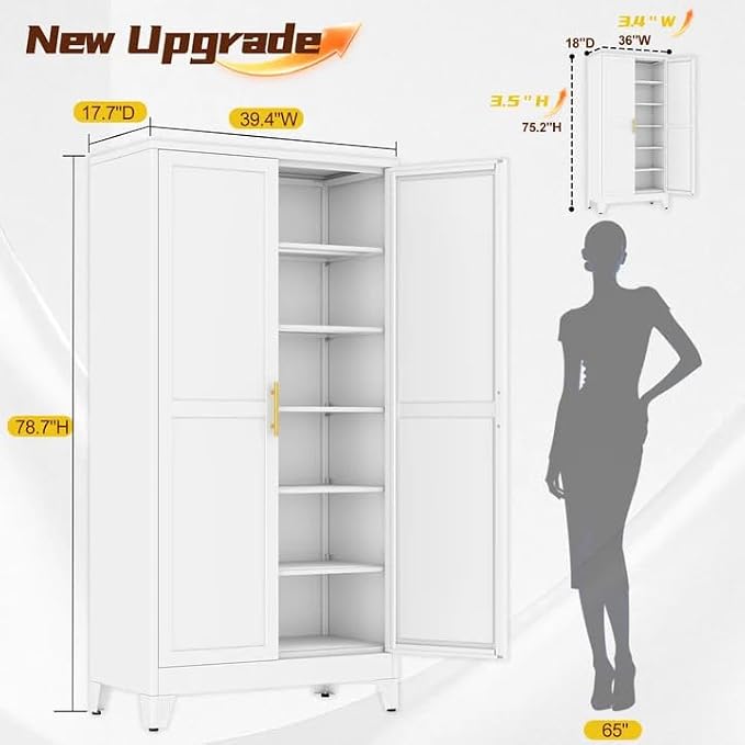 PAOFIN Metal 79“ Kitchen Pantry Cabinet, Pantry Storage Cabinet with Doors and 5 Adjustable Shelves, Freestanding Cupboard Kitchen Cabinet,Tall Cabinet for Living Room,Pantry, Bathroom,Kitchen