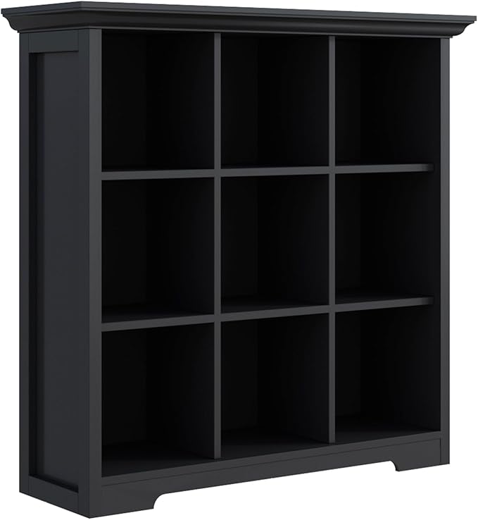 OSCHF 9-Cube Open Bookcase with Base, 3-Tier Wooden Bookshelf, Black | Curved Base, Crown Molding, Fits 11×11" Bins, Modern Storage Cabinet for Living Room, Bedroom, Home Office