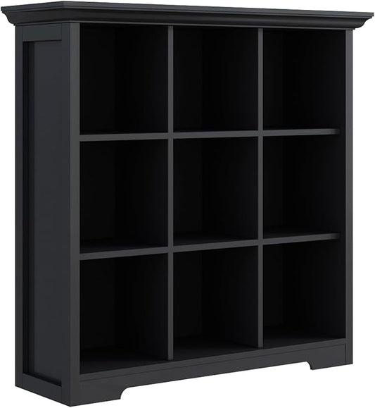 OSCHF 9-Cube Open Bookcase with Base, 3-Tier Wooden Bookshelf, Black | Curved Base, Crown Molding, Fits 11×11" Bins, Modern Storage Cabinet for Living Room, Bedroom, Home Office