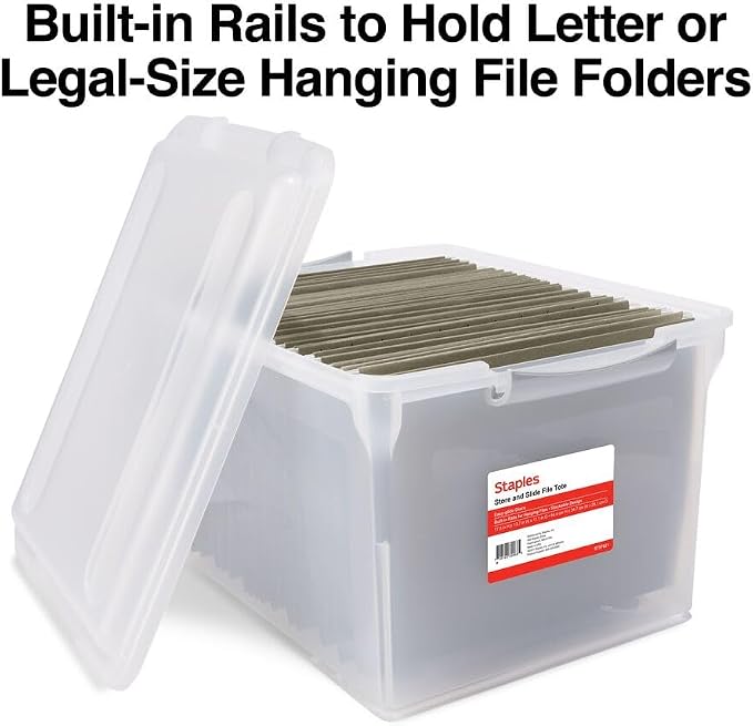 STAPLES Store & Slide Plastic File Box Latching, Letter/Legal Size, Clear, 2/Pack