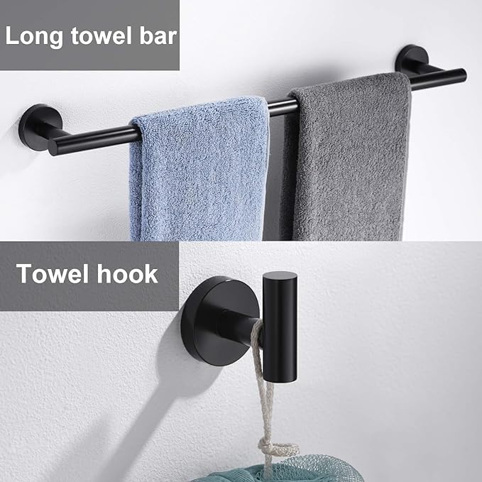 12 Pieces Matte Black Bathroom Hardware Accessories Set Hand Towel Ring 16&23.6 inch Round Towel Bar Toilet Paper Holder Towel Hooks 4 Pieces SUS 304 Stainless Steel,Heavy Duty,Wall Mounted