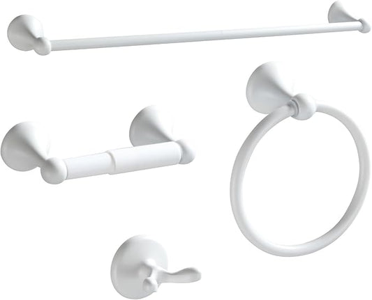 BGL Bathroom Accessories Set, White Paint Expandable Towel Bar 4-Piece Bathroom Accessory Set Wall Mounted Towel Ring Robe Hook Toilet Paper Holder Towel Holder