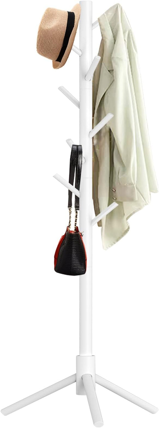 Aliphon Wooden Coat Rack Stand, Freestanding Coat Rack with 8 Hooks, 3 Adjustable Size Coat Tree for Hats, Coats, Scarves bags, Coat Hanger Stand Used in Bedroom/Office/Entryway （White）