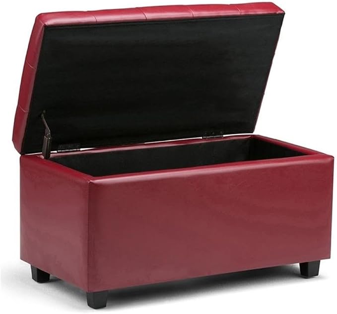 SIMPLIHOME Dover 36" Wide Vegan Leather Storage Ottoman in Denim Blue | Transitional storage ottoman with tufting and lift-up lid; rectangle storage bench for living room or entryway.
