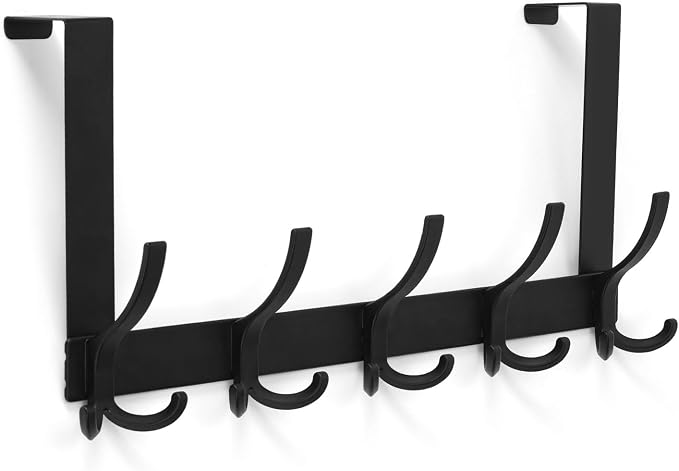 Optish Over The Door Hooks for Hanging, Over The Door Hanger, Over The Door Towel Rack for Bathroom with 5 Triple Coat Hooks, Bathroom Towel Holder Towels Hanger (Black, 1 Pack)