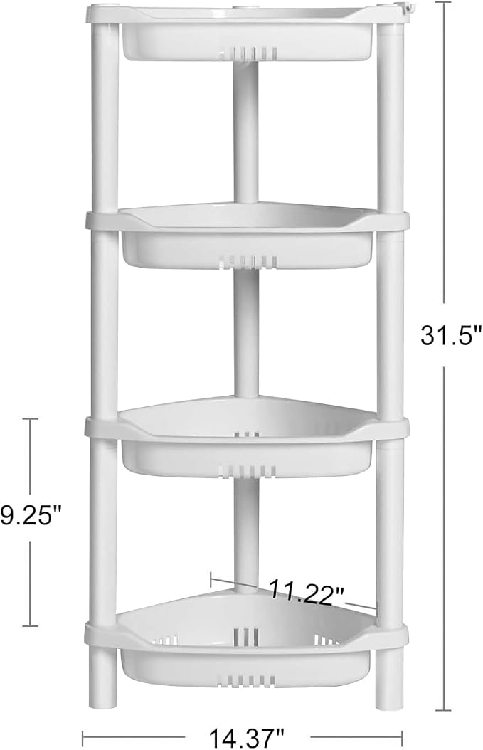 ELYKEN Corner Shower Caddy Standing, 4 Tier Plastic Shower Organizer, White | Rustproof Plastic Shower Shelves with Hook for Storing Bath Essentials in Bathroom corner, Bathtub