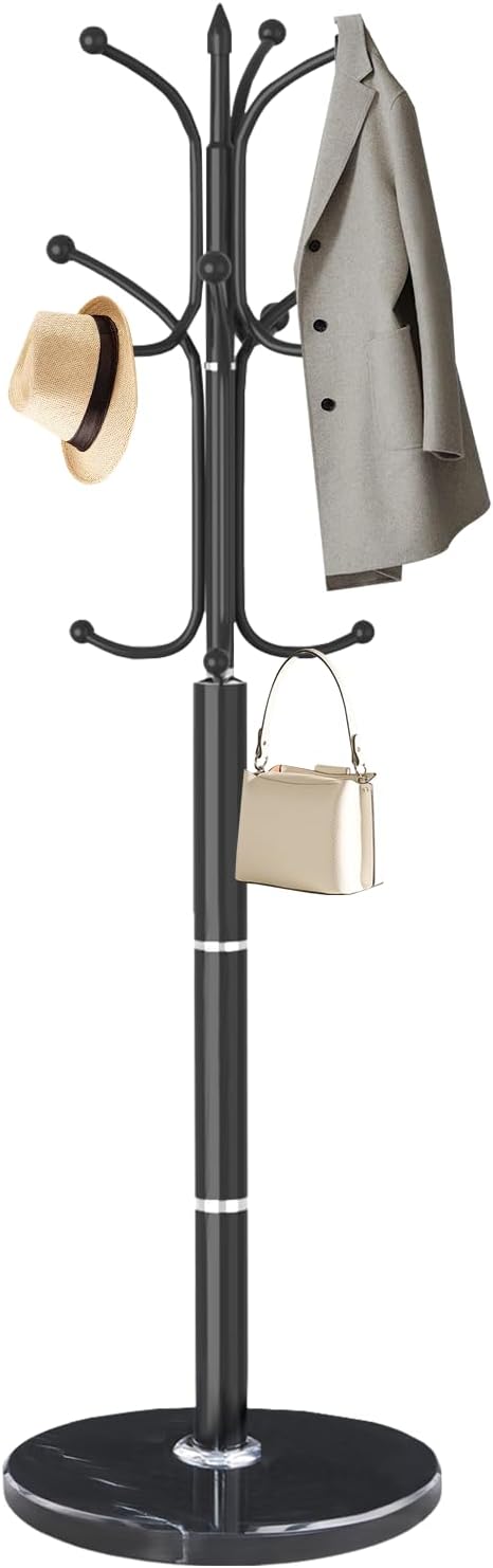 Modern Coat Rack Stand, Metal Freestanding Coat Rack with Natural Marble Base, Heavy-Duty Coat Racks with 12 Hooks,Black Coat Hanger Tree Stand for Office, Entryway, Hallway