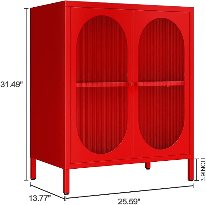 2 Translucent Door Metal Accent Storage Cabinet for Bedroom, Living Room, Office Room,Kitchen-Metal Locker Cabinet with 1 Adjustable Shelves-2-Tier (red)
