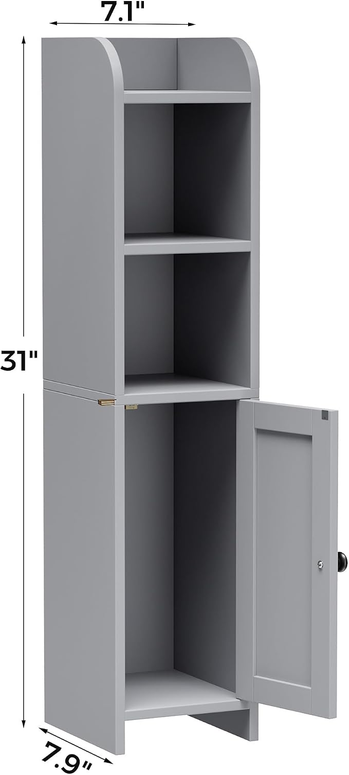 Homhedy Small Bathroom Storage Cabinet, Narrow Toilet Paper Cabinet | Corner Floor Cabinet with Door and Shelves, Slim Bathroom Cabinet for Small Spaces, 7.9" D x 7.1" W x 31" H, Gray