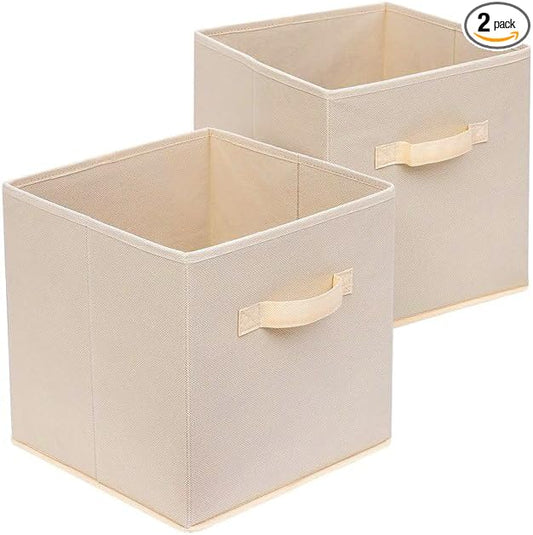 Fabric Storage Bins 10.6 x 10.6 x 11 Storage Cubes 2 Pack Warm Beige | Foldable Clothing Storage Bins, Reinforced Handles, Sturdy, Lightweight, Space-Saving, For Closet, Shelf, Nursery And Bedroom