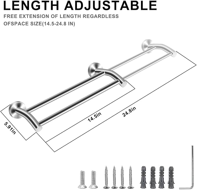 MGahyi Silver Telescopic Double Towel Bar Wall Mount 14.5-24.8Inch | Rustproof Towel Rack with Widened Spacing, Scratch-resistant & Durable for Bathroom Kitchen RV