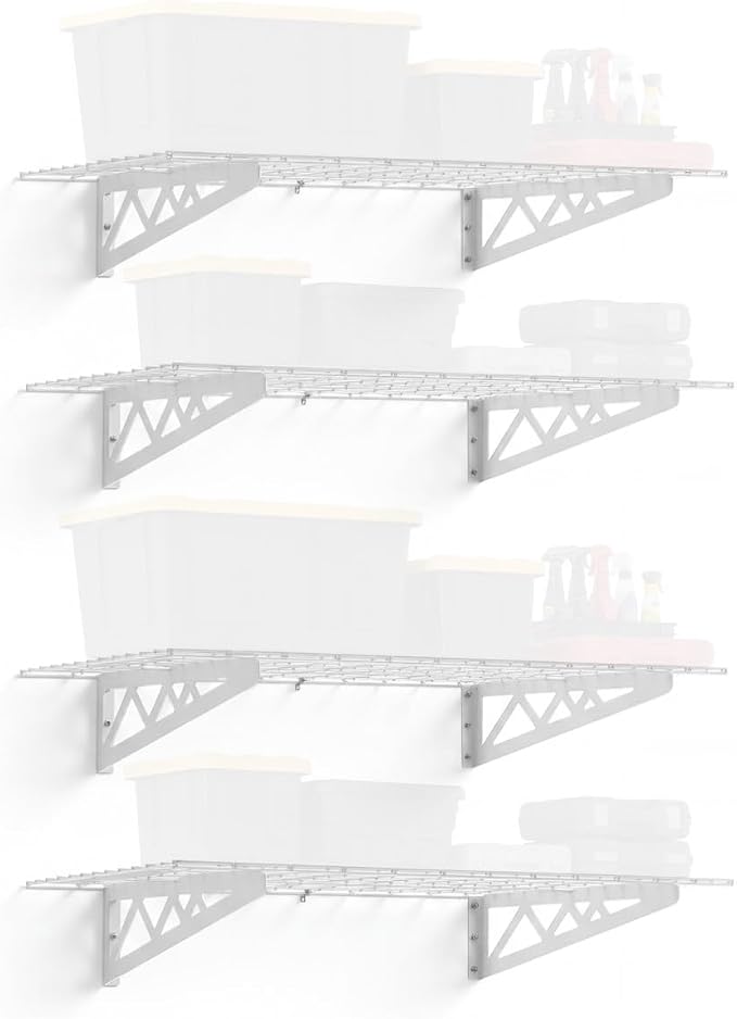 SafeRacks Steel Garage Wall Shelves 4-Pk w/Hooks, 500lb, White (24x48)
