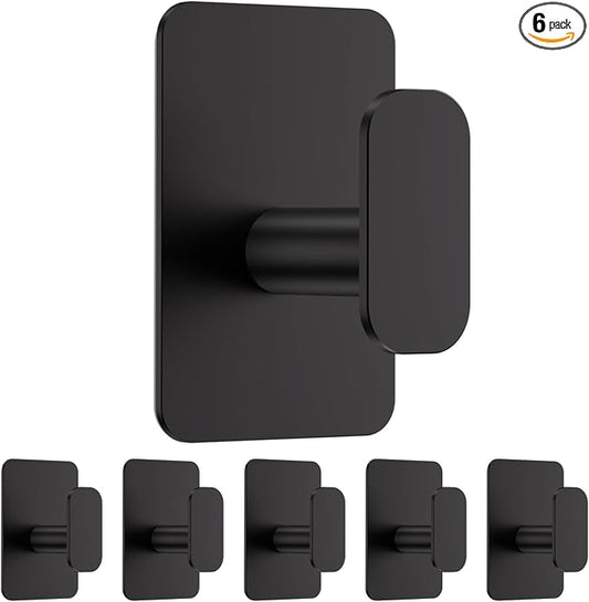 Large Heavy Duty Wall Hooks - 26lb Max, Stainless Steel Adhesive Towel Hooks for Hanging Towel, Coat, Robe, Hat, Sticky Towel Holder for Wall Mount in Bathroom, Shower, Kitchen (Black, 6 Pack)