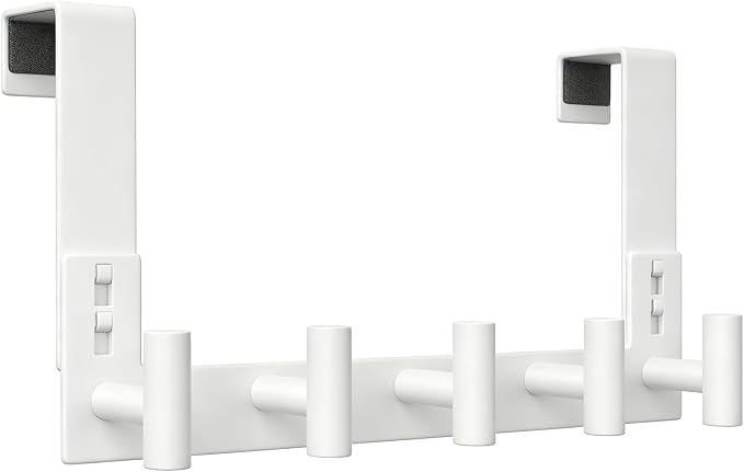 WUIVIUT White Stainless Steel Door Hanger for Towel, Heavy Duty Over The Door Hooks for Clothes, Coat (T-Shape, 5 Hook, Fits 1-3/4'' Thick)