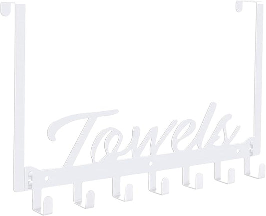 Azmoncy Over The Door Hooks, Heavy Duty Towel Rack with 7 Coat Hooks for Bedroom Bathroom Pool Kitchen Towels and Bags (White)