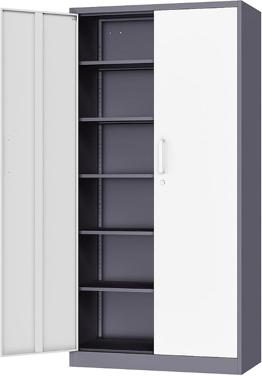 Fesbos Metal Cabinet Steel Storage Cabinet - 71” Tall Steel File Cabinets with Lockable Doors and 5 Adjustable Shelves Gray&White Storage Cabinets for Home, School, Office, Garage