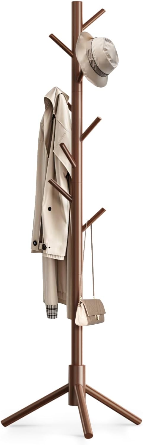Wooden Coat Rack Freestanding with 8 Hooks,Easy Assembly New Zealand Pine Tree Coat Racks, 3 Adjustable Sizes for Clothes, Hats, Bags, for Entryway, Hallway, Bedroom, Office (Brown, 1 PC)
