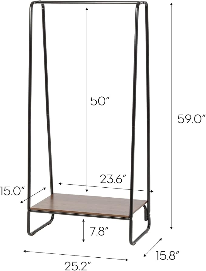 IRIS USA Clothes Rack with Wood Shelf, Garment Storage, Black | Adds storage space for folded clothing, shoes, and accessories with a wood accent surface