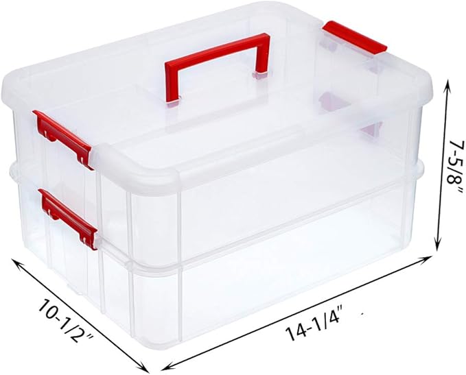 JUXYES 2-Tiers Plastic Stack Carry Storage Containers Box wih Handle Lids | Clear Stackable Latching Craft Storage Bin for School Office, Organizing Stationery, Sewing, Art Craft, DIY Supplies, Red