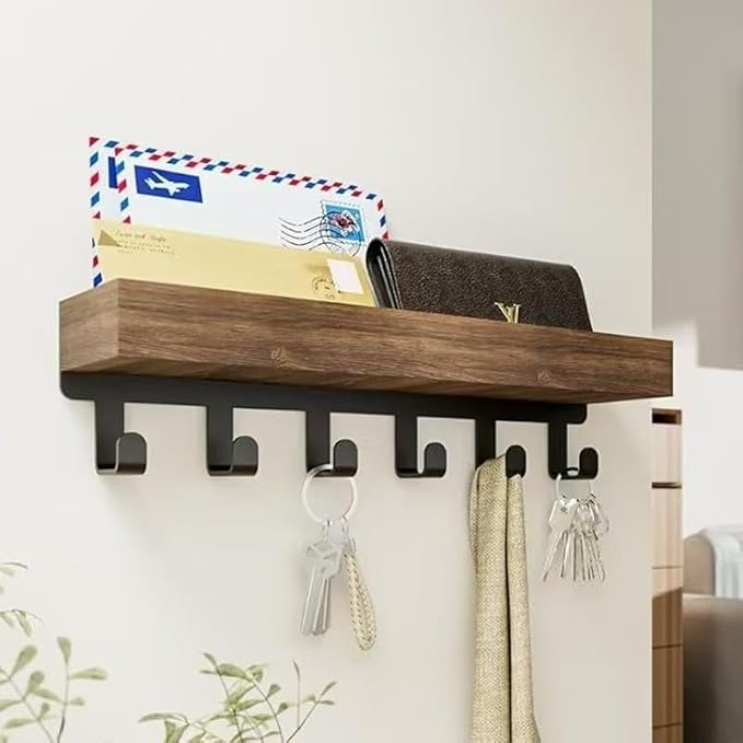 Wall Mount Key Holder with Shelf - Decorative Mail Organizer and Key Hooks for Entryway, Paulownia Wood with Mounting Hardware (9.64”W x 2.36”H x 2.75”L)