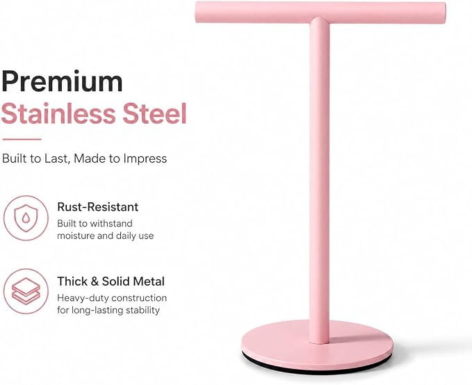 Pink Bathroom Hand Towel Holder Stand，T-Shape Hand Towel Holder Stand SUS304 Stainless Steel for Bathroom，Kitchen or Vanity Countertop
