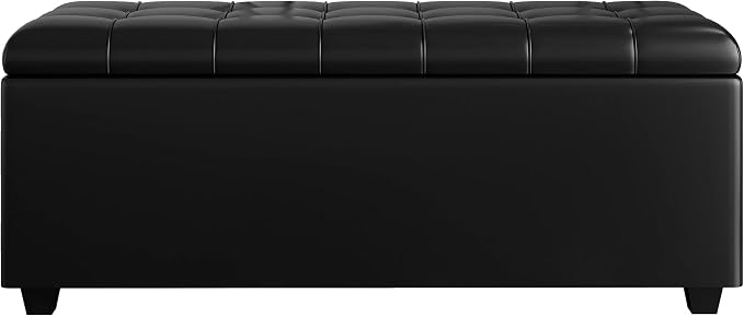 38" Black Faux Leather Storage Ottoman Footrest | Solid wood frame bench, 4-leg easy assembly. Use as end-of-bed, footrest, entryway seat. Hinged hidden storage, multi-use.
