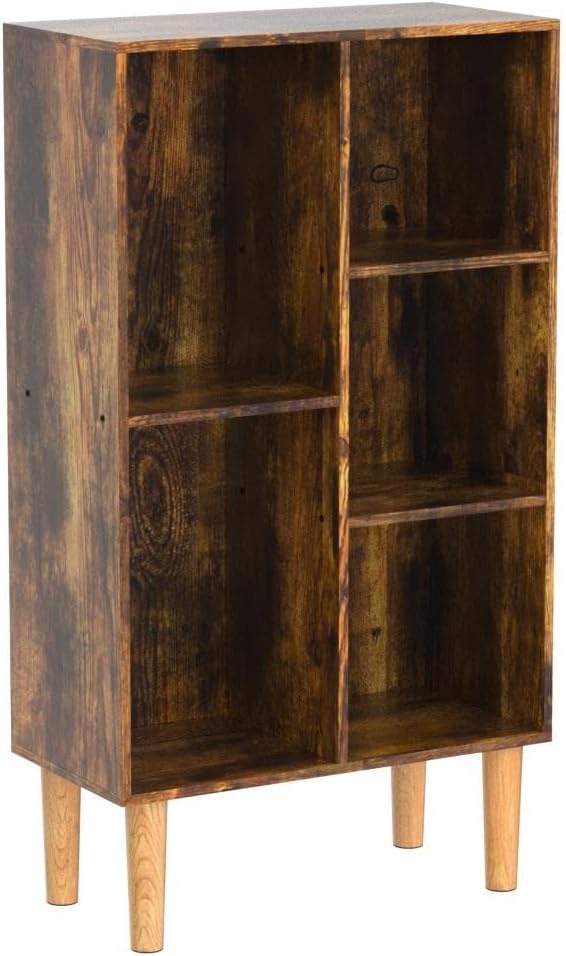 LEYAOYAO 5 Cube Bookshelf, Mid-Century Modern Book Shelf with Legs, Brown | 3 Tier Bookcase, Rustic Wood Bookshelves Freestanding Small Storage Organizer, Open Shelves for Bedroom, Living Room, Office