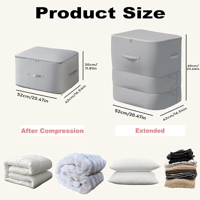 Comforter Storage Bag, Bedding & Blanket Self Compression Storage Organizer | Compression Storage Bag for Blanket Storage, 3-Layer Thick Satin Fabric Heavy Duty Bags for Pillow Duvet (Gray, XL, 3PCS)