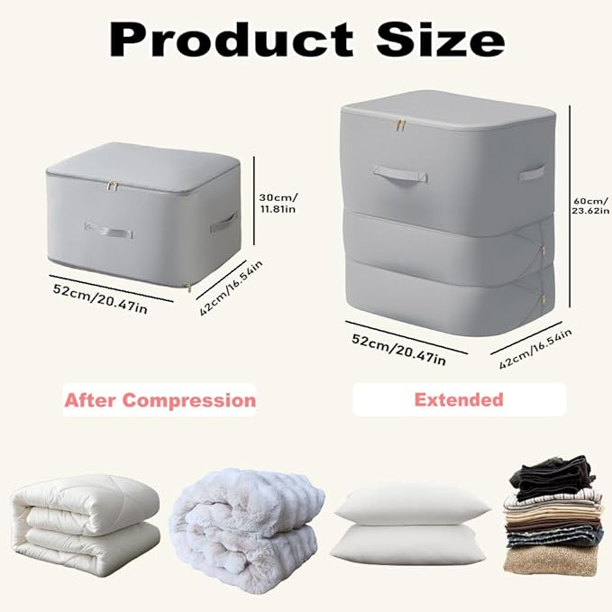 Comforter Storage Bag, Bedding & Blanket Self Compression Storage Organizer | Compression Storage Bag for Blanket Storage, 3-Layer Thick Satin Fabric Heavy Duty Bags for Pillow Duvet (Gray, XL)